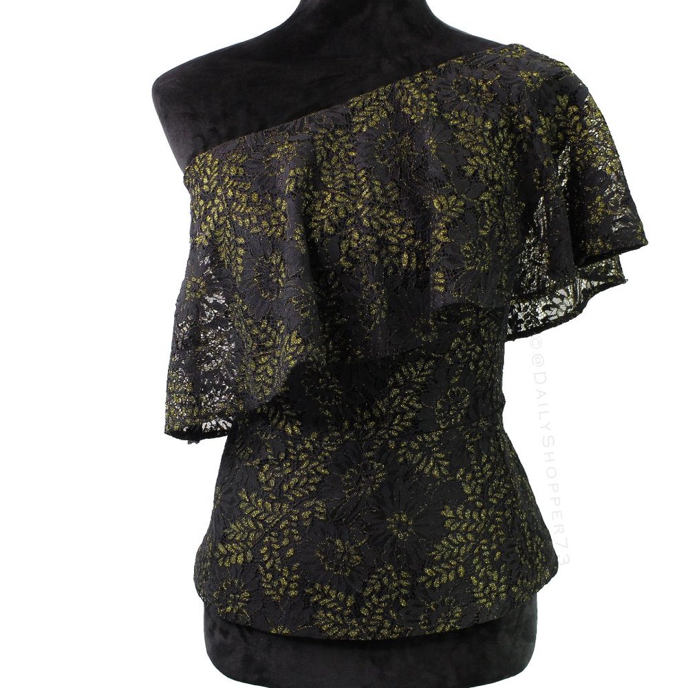 Nanette Lepore Women's One Shoulder Lace Top - Black & Gold